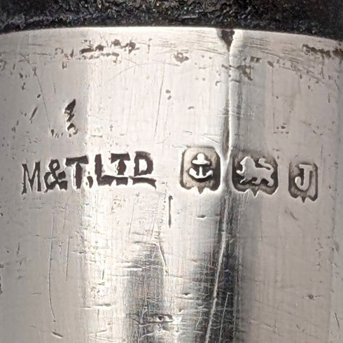 1933年 英国ヴィンテージ 黒軸 曲がりハンドル 純銀装飾 軽量ステッキ 杖 94cm M&T Ltd