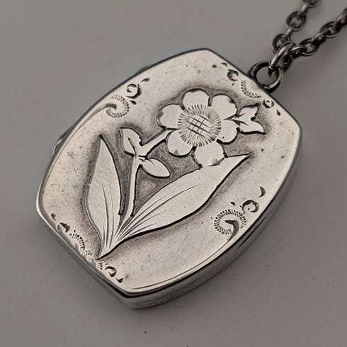 1908 British antique sterling silver flower locket pendant with sterling silver necklace, 7.8g in total, Sheldon Brothers