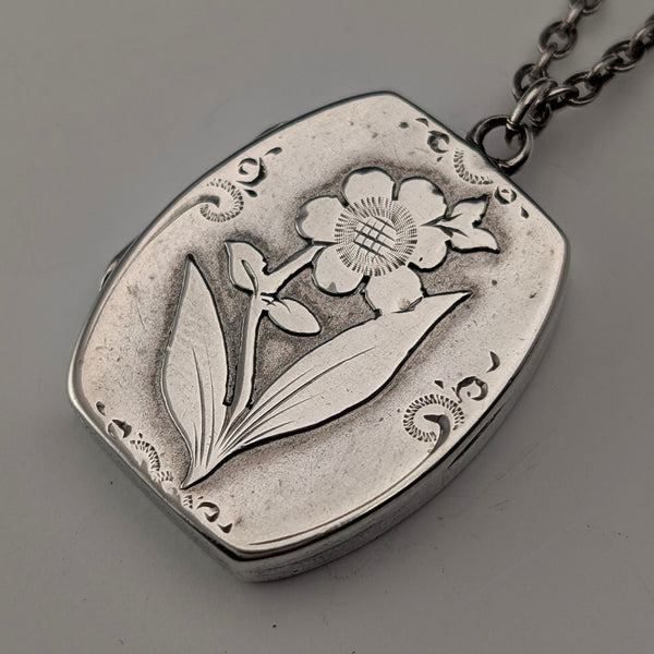 1908 British antique sterling silver flower locket pendant with sterling silver necklace, 7.8g in total, Sheldon Brothers