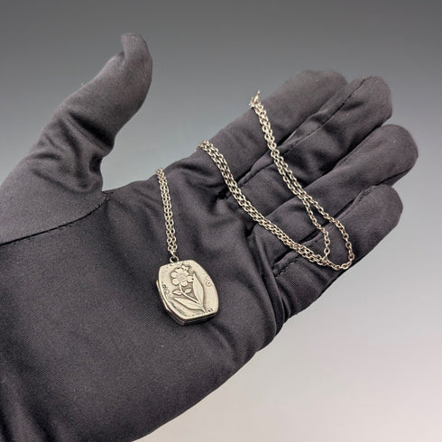 1908 British antique sterling silver flower locket pendant with sterling silver necklace, 7.8g in total, Sheldon Brothers