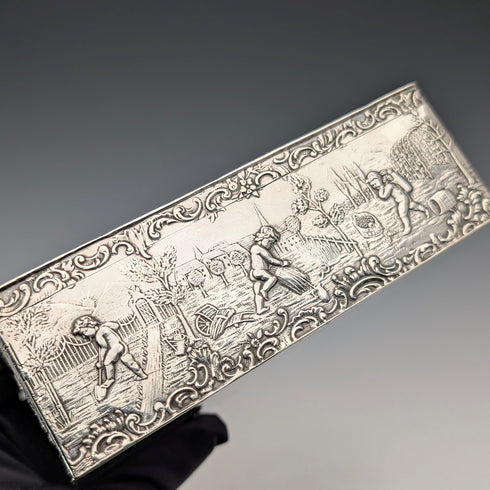 1912年 英国アンティーク 純銀製 細密装飾大型ボックス 444g George Bedingham 極美品