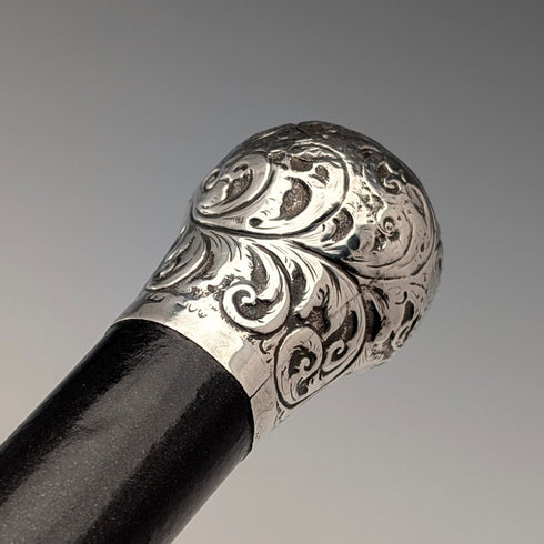 1883 年英國古董黑軸雕刻純銀圓柄手杖 89 厘米