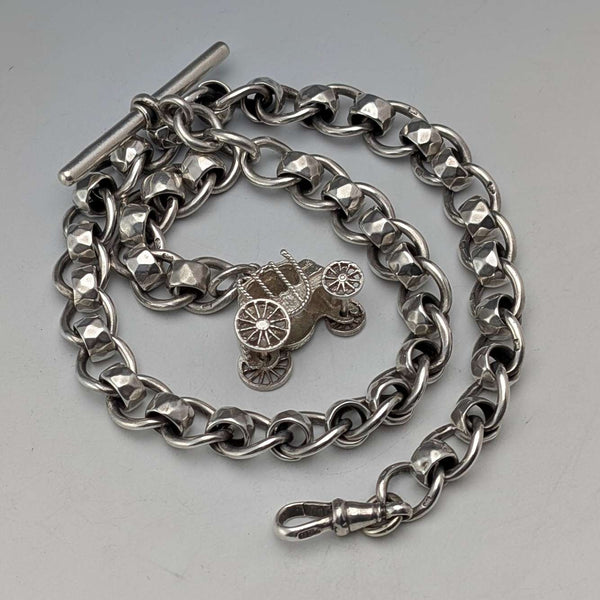 Circa 1900 British Antique Fancy Link Sterling Silver Albert Chain 53g Carriage Fob