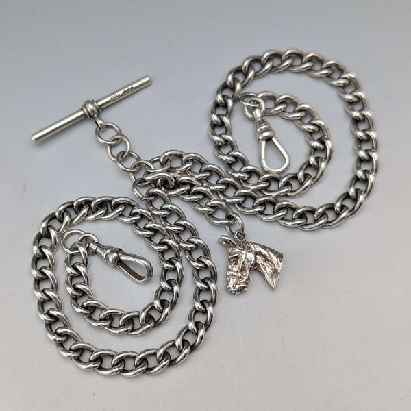 Circa 1900 British antique sterling silver double Albert chain 54g horse head fob