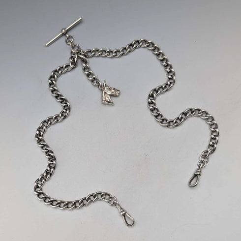 Circa 1900 British antique sterling silver double Albert chain 54g horse head fob