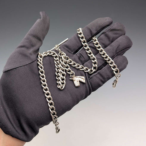 Circa 1900 British antique sterling silver double Albert chain 54g horse head fob
