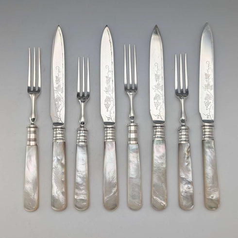 Late 19th Century British Antique Mother of Pearl Handle Tea Cutlery Pair of 4 Mappin & Webb