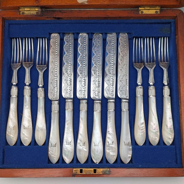 1876年 英国アンティーク 純銀ブレード&白蝶貝ハンドル カトラリー6ペア 木箱入り James Dixon&Sons