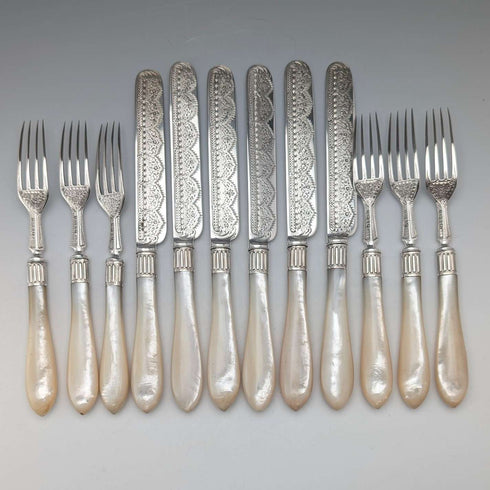 1876年 英国アンティーク 純銀ブレード&白蝶貝ハンドル カトラリー6ペア 木箱入り James Dixon&Sons