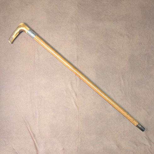 1901 British antique Malacca shaft L-shaped antler handle pure silver decorated walking stick 88cm Henry Howell