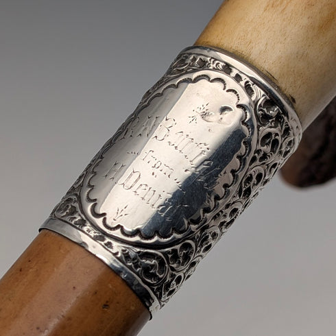 1901年英國古董馬六甲桿 L 型鹿角柄純銀裝飾手杖 88 公分亨利·豪威爾