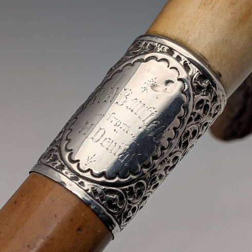 1901 British antique Malacca shaft L-shaped antler handle pure silver decorated walking stick 88cm Henry Howell
