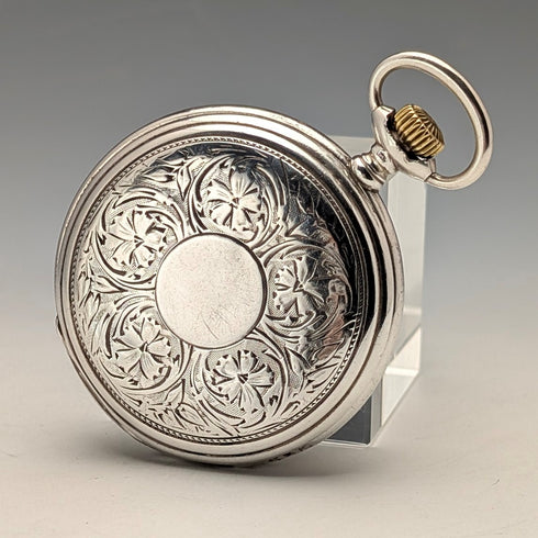 1908年頃 アンティーク ロンジン 懐中時計 フローラル彫刻 銀側ハンターケース 動作良好