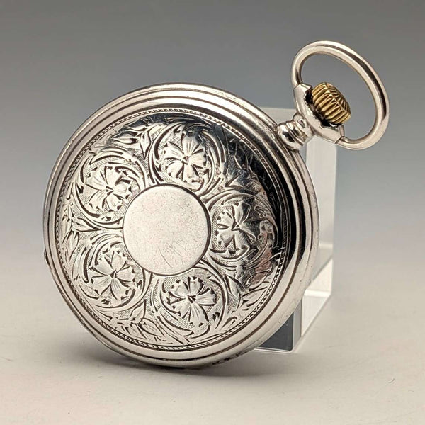 Circa 1908 Antique Longines Pocket Watch with Floral Engravings, Silver Side Hunter Case, Good Working Condition
