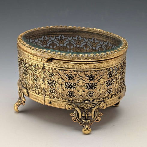 French vintage ormolu footed glass lid jewelry box