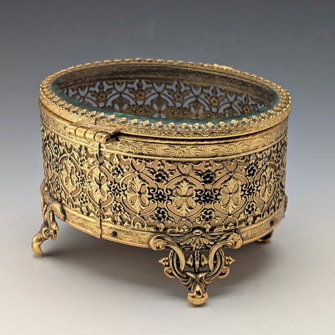 法國復古鍍金玻璃蓋腳珠寶盒