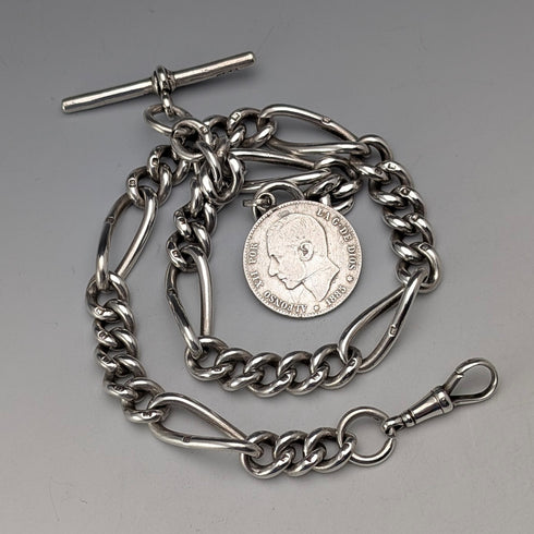 Circa 1900 British Antique Fancy Link Sterling Silver Albert Chain 64g Coin Infob