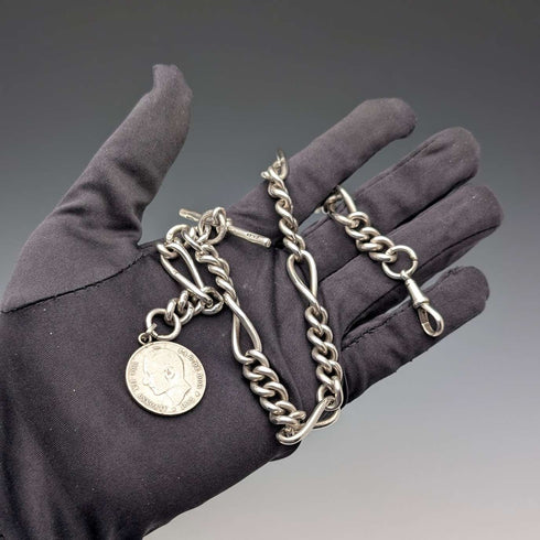 Circa 1900 British Antique Fancy Link Sterling Silver Albert Chain 64g Coin Infob