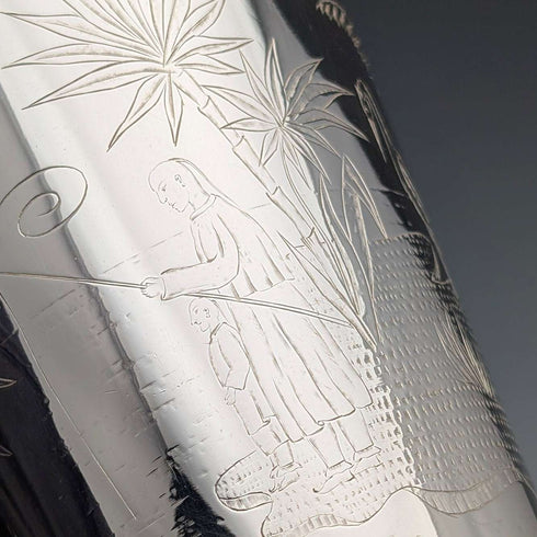 1870 British antique silver plate vase with chinoiserie decoration