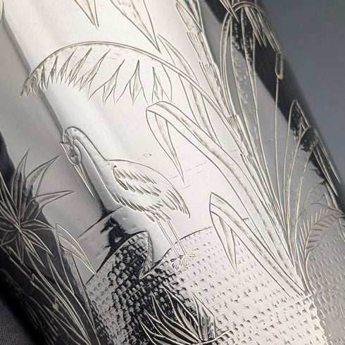 1870 British antique silver plate vase with chinoiserie decoration