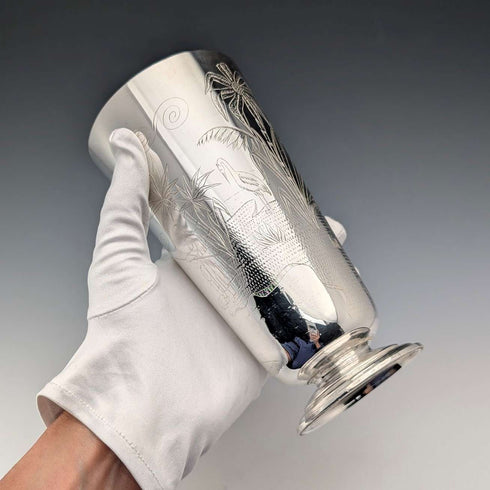 1870 British antique silver plate vase with chinoiserie decoration