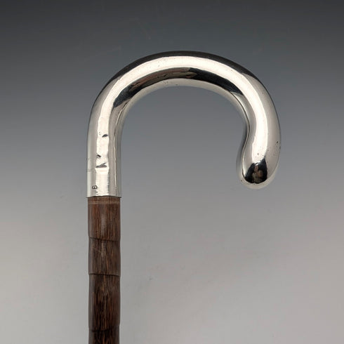 1912 年英國古董棕色桿純銀純色彎柄手杖 92 厘米