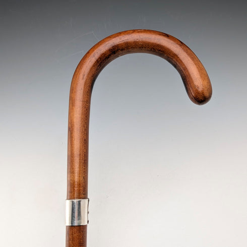 ヴィンテージ タンシャフト 曲がりハンドル 純銀装飾 ステッキ 杖 92cm