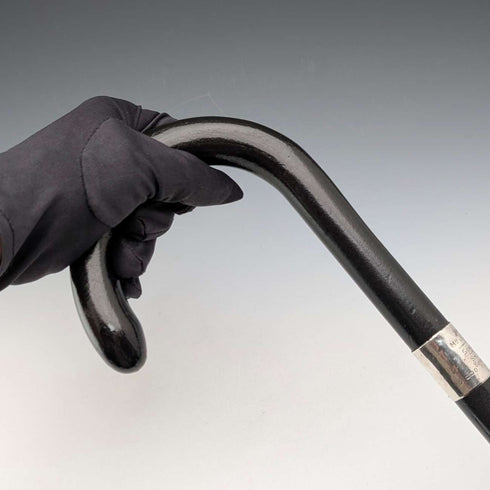 1943 British vintage black shaft curved handle pure silver decorated walking stick 93cm