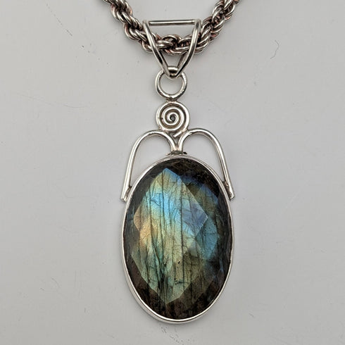 復古拉長石和純銀吊墜搭配純銀超厚項鍊