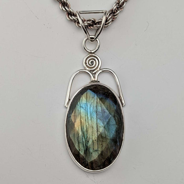 Vintage Labradorite & Sterling Silver Pendant with Sterling Silver Extra Thick Necklace