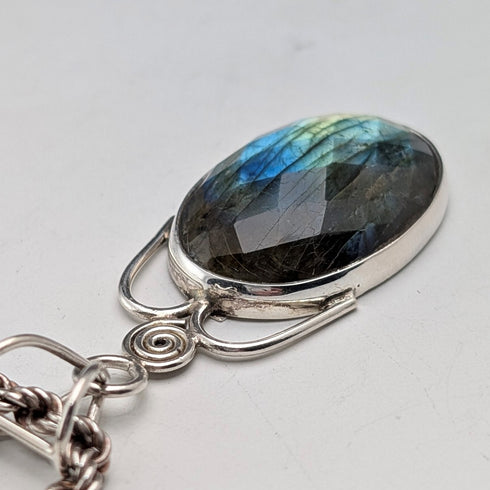 復古拉長石和純銀吊墜搭配純銀超厚項鍊