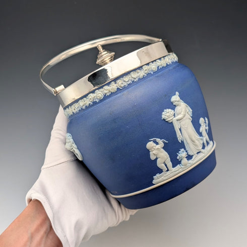 Antique British Wedgwood Biscuit Barrel Jasperware Royal Blue