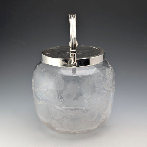 Vintage British Biscuit Barrel, Etched Glass, Silver Plated Lid