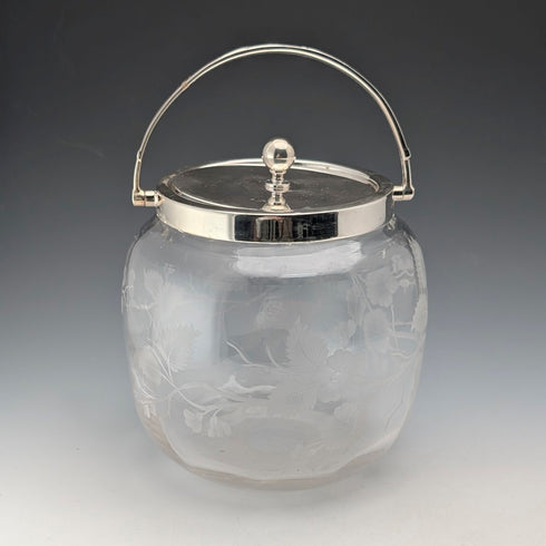 Vintage British Biscuit Barrel, Etched Glass, Silver Plated Lid