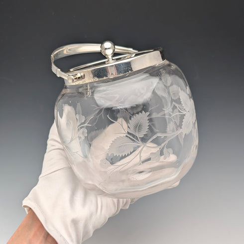 Vintage British Biscuit Barrel, Etched Glass, Silver Plated Lid