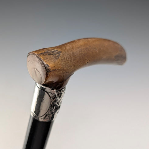 1897 年英國古董黑軸 L 型牛角柄純銀裝飾手杖 84 厘米