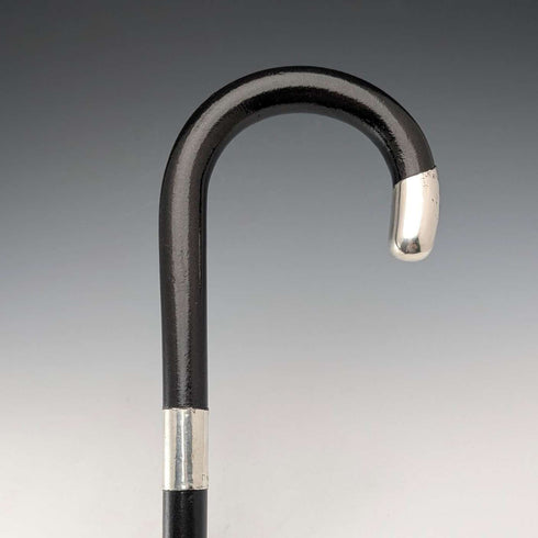 1920 British antique black shaft curved handle pure silver decorated walking stick 84cm