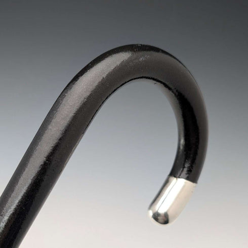 1920 British antique black shaft curved handle pure silver decorated walking stick 84cm