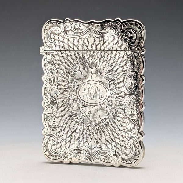 1863年 英国アンティーク フローラル彫刻 純銀製カードケース 57g Hillard&Thomason