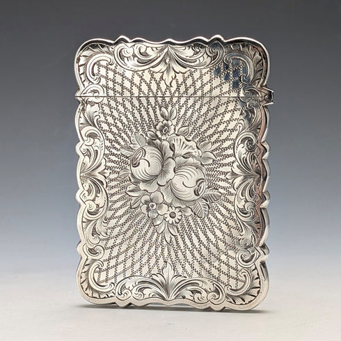 1863 British antique floral engraved sterling silver card case, 57g, Hillard & Thomason