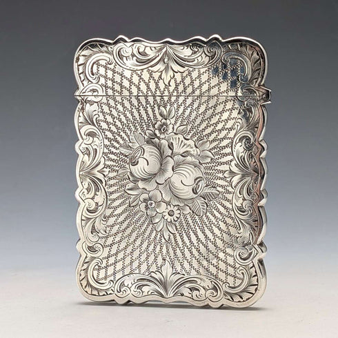 1863年 英国アンティーク フローラル彫刻 純銀製カードケース 57g Hillard&Thomason