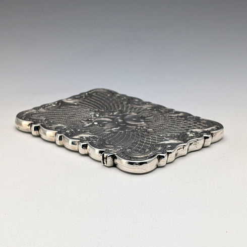 1863 British antique floral engraved sterling silver card case, 57g, Hillard & Thomason