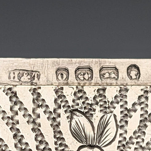 1863 British antique floral engraved sterling silver card case, 57g, Hillard & Thomason