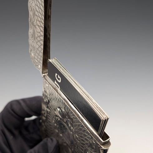 1863 British antique floral engraved sterling silver card case, 57g, Hillard & Thomason
