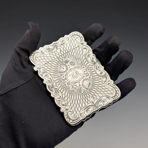 1863 British antique floral engraved sterling silver card case, 57g, Hillard & Thomason