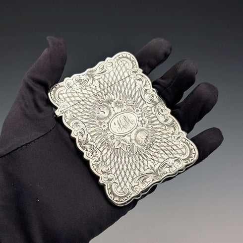 1863年 英国アンティーク フローラル彫刻 純銀製カードケース 57g Hillard&Thomason