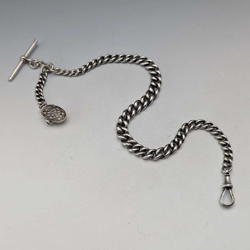 1909 British antique sterling silver Albert chain 50g basket fob
