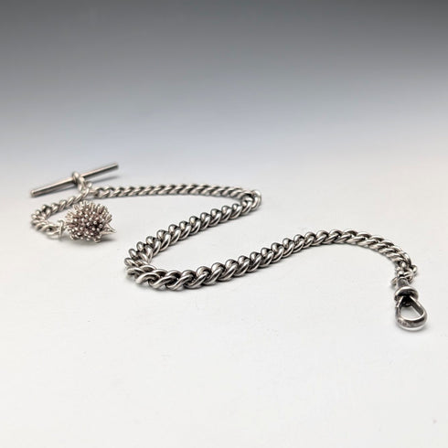 1912 British antique sterling silver Albert chain 50g hedgehog fob