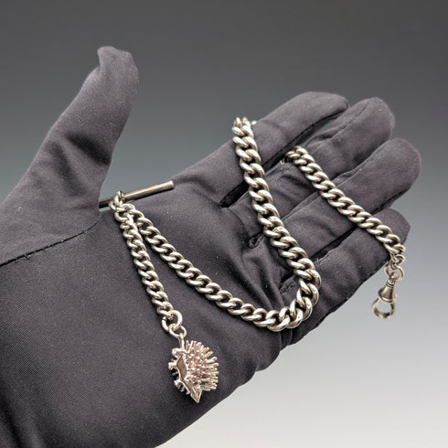 1912 British antique sterling silver Albert chain 50g hedgehog fob