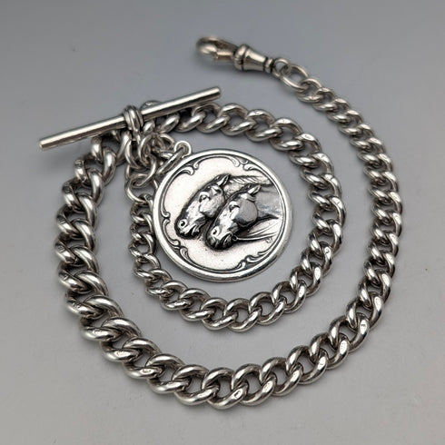 約 1900 年英國古董純銀阿爾伯特鏈 51g 馬勳章鏈